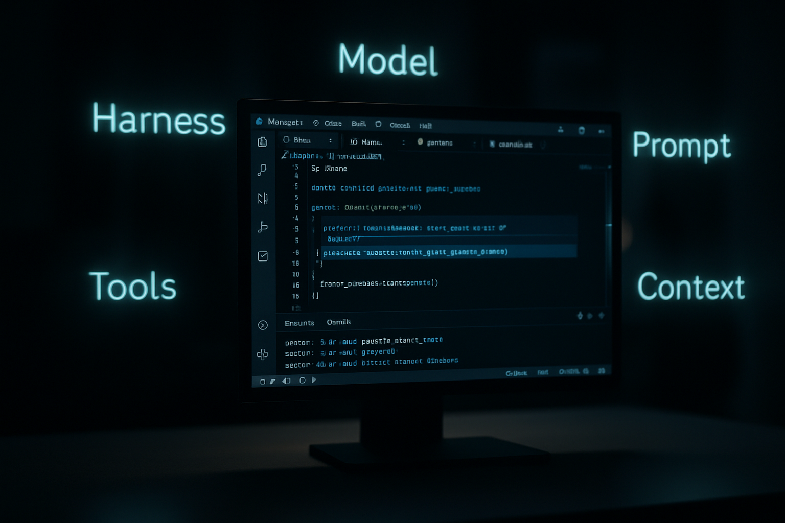 VS Code agent-first development framework showing the five pillars: harness, model, prompt, tools, and context as interconnected system components